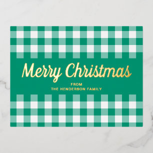 Gold Script Green Gingham Merry kerst Folie Feestdagen Briefkaart