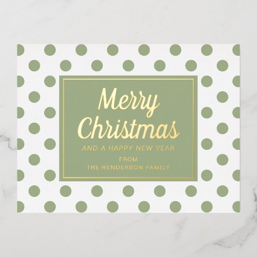 Gold Script Green Polka Dots Merry kerst Folie Feestdagen Briefkaart (Voorkant)