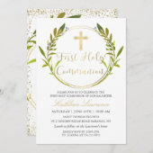 Gold Script Greenery Wreath First Heilige Communie Kaart (Voorkant / Achterkant)