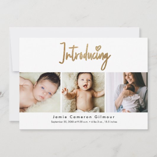 Gold Script Introductie van aangepaste 3 foto Baby Bedankkaart (Voorkant)