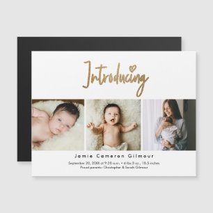 Gold Script Introductie van Baby Custom 3-foto Magnetische Uitnodiging