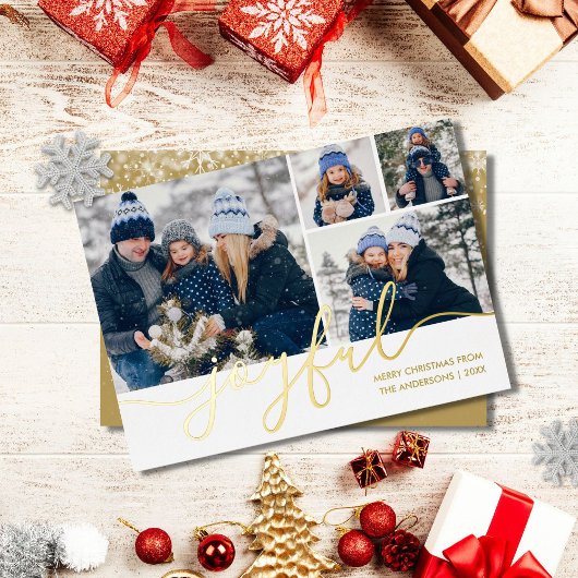 Gold Script Joyful 4-foto met Kerstmis Folie Feestdagenkaart
