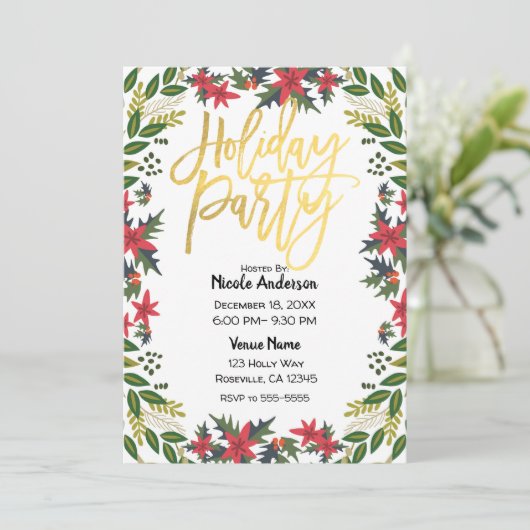 Gold Script Kerstfeest Bloemen Rustiek Kaart (Staand voorkant)