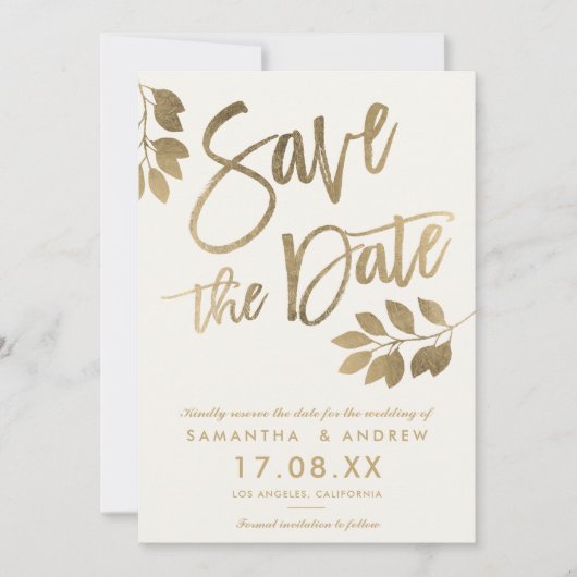 Gold script leaf bruiloft, behalve de datum save the date (Voorkant)