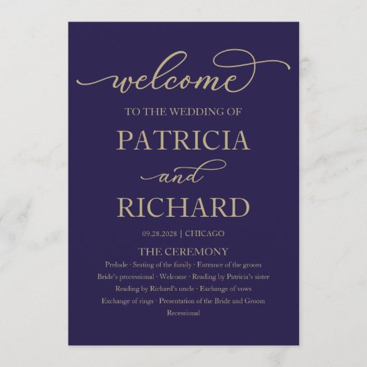 Gold Script Marine Blue Mariage programme de cérém (Devant)