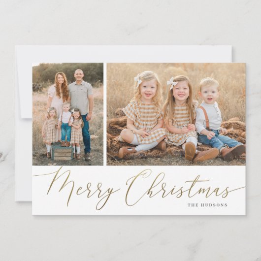 Gold Script Merry kerst Elegant 2 Foto Feestdagenkaart (Voorkant)