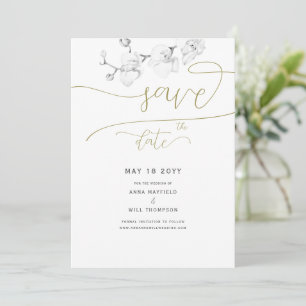 Gold Script Modern Orchid Wedding Save the Date Kaart