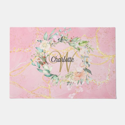 Gold Script Monogram roze geode Agate Floral Deurmat (Voorkant)