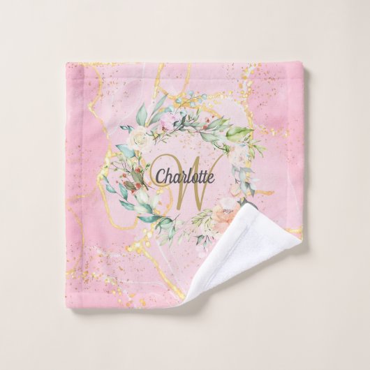 Gold Script Monogramme rose Géode Agate Floral (Gant de toilette)