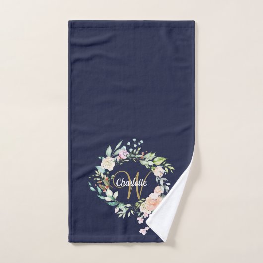 Gold Script Monogramme Roses Floral Navy bleu (Serviette à main)