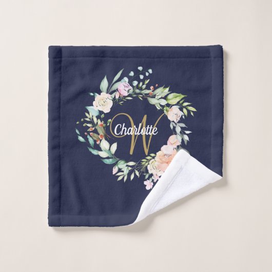 Gold Script Monogramme Roses Floral Navy bleu (Gant de toilette)