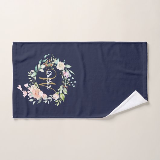 Gold Script Monogramme Roses Floral Navy bleu (Serviette à main)