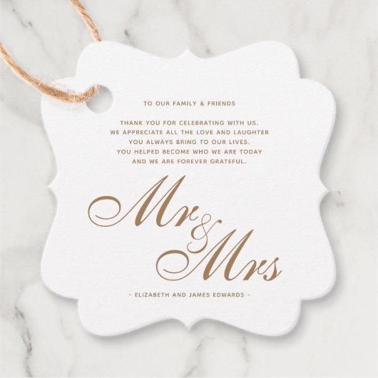 Gold Script Mr. en Mrs Wedding Bedankt Bericht Bedankjes Labels (Voorkant)