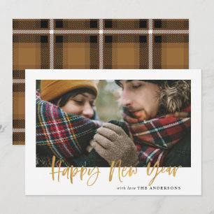 Gold script mustard tartan modern stijlvol nieuw j feestdagenkaart