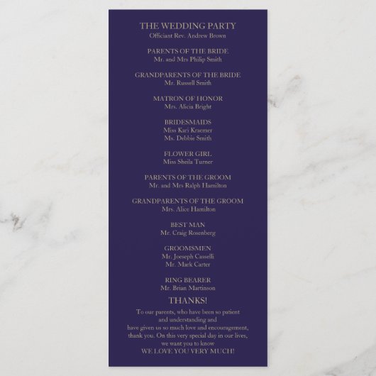 Gold Script Navy Blue Wedding Ceremony Program Programma (Achterkant)