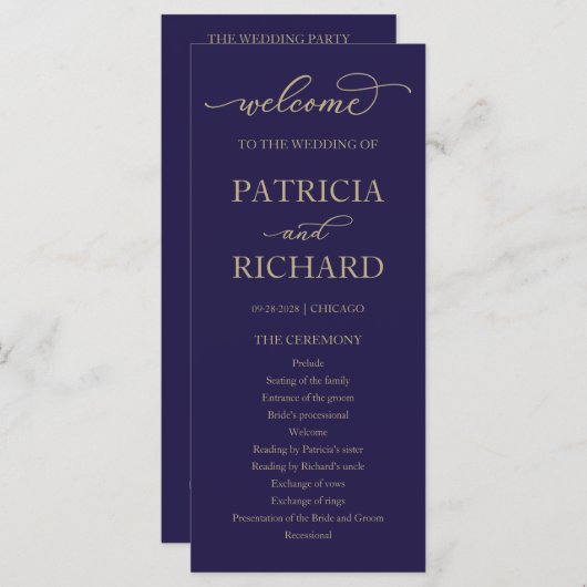 Gold Script Navy Blue Wedding Ceremony Program Programma (Voorkant / Achterkant)