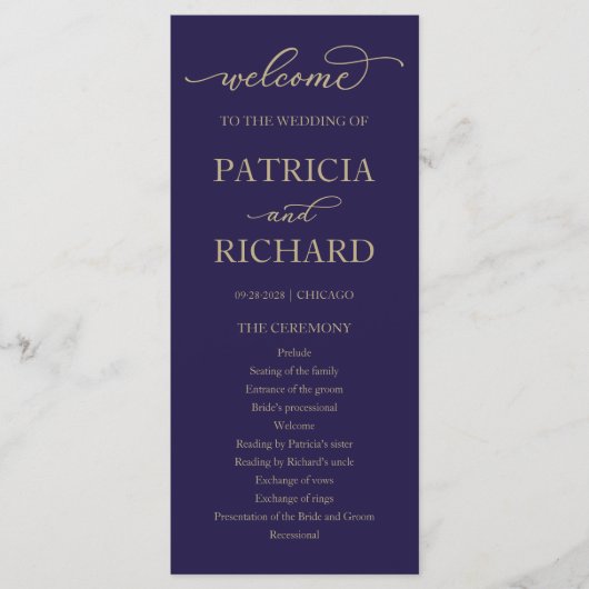 Gold Script Navy Blue Wedding Ceremony Program Programma (Voorkant)
