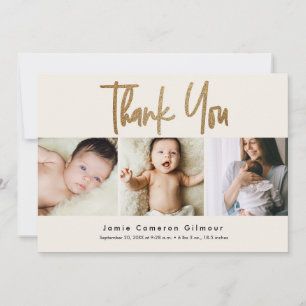Gold Script Neutral Cream Beige 3 Baby foto's Bedankkaart
