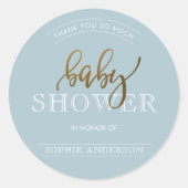 Gold Script op pastblauw | Baby shower Hartelijk d Ronde Sticker (Voorkant)