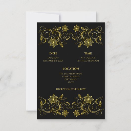 Gold Script op zwart met Filigree design Wedding Kaart (Achterkant)