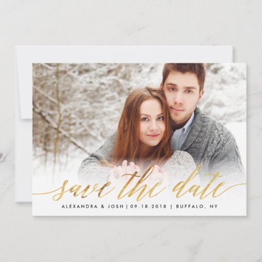 Gold Script Photo Save the Date in Faux Folie (Voorkant)