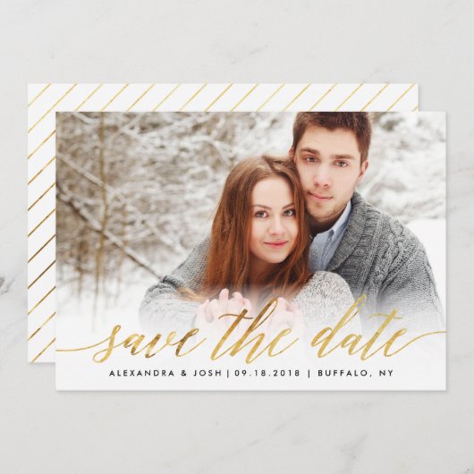 Gold Script Photo Save the Date in Faux Folie (Voorkant / Achterkant)