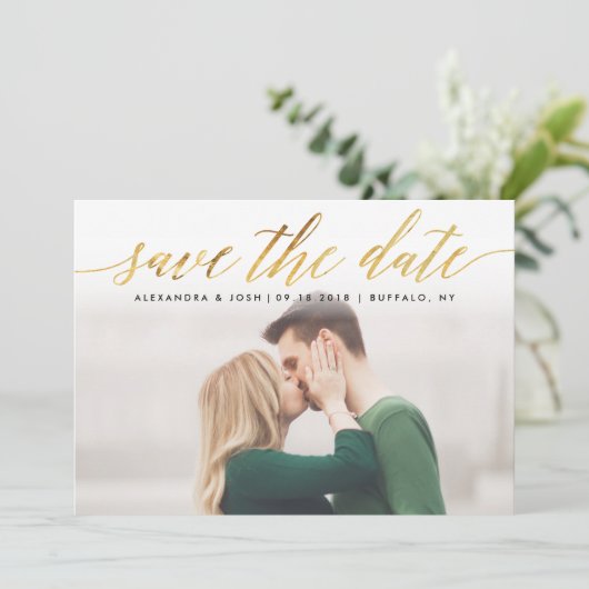 Gold Script Photo Save the Date in Faux Folie (Staand voorkant)