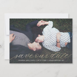 Gold Script Photo Save the Date in Faux Folie