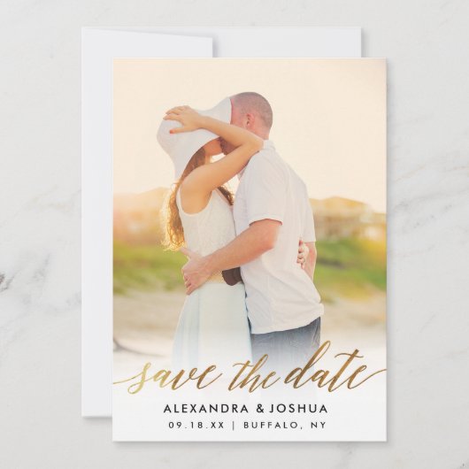 Gold Script Photo Save the Date in Faux Folie (Voorkant)