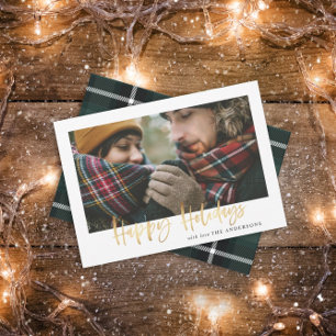 Gold script prettige feestdagen groene tartan foto feestdagenkaart