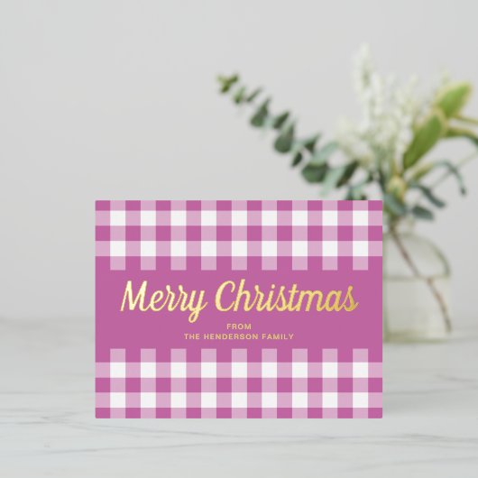 Gold Script Roze Gingham Merry kerst Folie Feestdagen Briefkaart (Staand Voorkant)