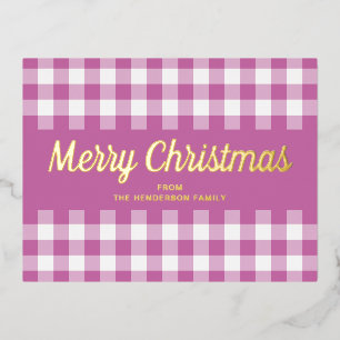 Gold Script Roze Gingham Merry kerst Folie Feestdagen Briefkaart