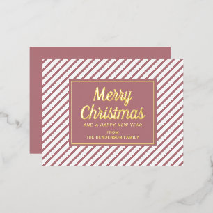 Gold Script Roze Stripes Merry Kerstmis Folie Feestdagen Briefkaart