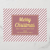 Gold Script Roze Stripes Merry Kerstmis Folie Feestdagen Briefkaart (Voorkant)
