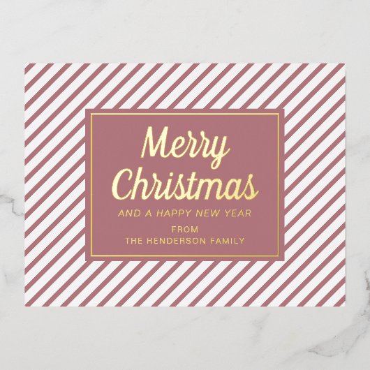Gold Script Roze Stripes Merry Kerstmis Folie Feestdagen Briefkaart (Voorkant)