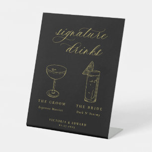Gold Script Signature Drink Black Wedding Reclamebord Met Voetstuk