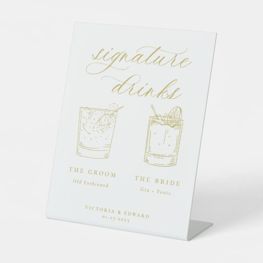 Gold Script Signature Drinken Wedding Reclamebord Met Voetstuk (Voorkant)