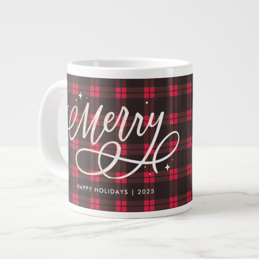 Gold Script Sparkly Merry Holiday Plaid Foto Gift Extra Grote Beker (Voorkant links)
