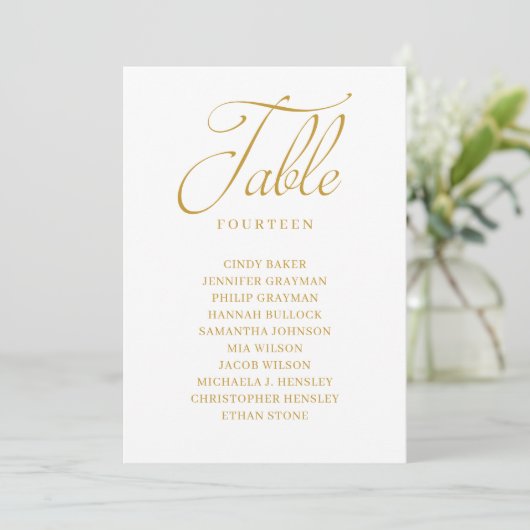 Gold Script Table Number Seating Chart Kaart (Staand voorkant)