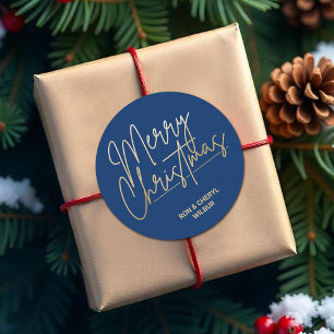 Gold Script Vrolijk kerstfeest op blauw Ronde Sticker
