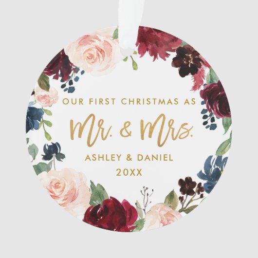 Gold Script Waterverf Floral eerste kerstmis Ornament (voorkant)