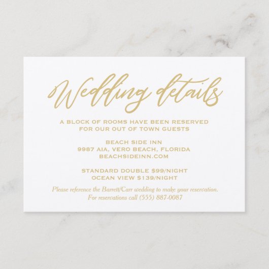 Gold Script Wedding Details Hotel Accommodations Informatiekaartje (Voorkant)