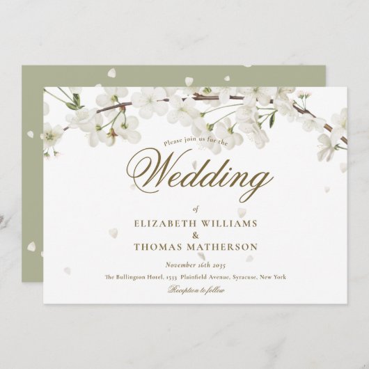 Gold Script White Blossom Floral Wedding Kaart (Voorkant / Achterkant)