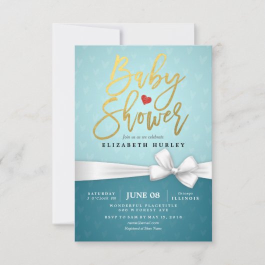 Gold Script White Ribbon Turquoise Baby shower Kaart (Voorkant)