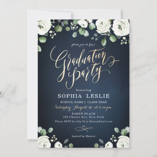 Gold script witte floral graduparty kaart (Voorkant)