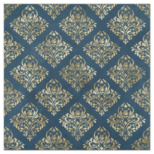 Gold Scroll Design op Deep Blue Stof