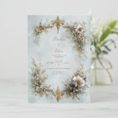 Gold Scroll Frame White Floral Dusty Blue Wedding Kaart (Staand voorkant)