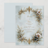 Gold Scroll Frame White Floral Dusty Blue Wedding Kaart (Voorkant / Achterkant)
