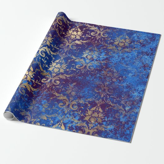 Gold Scroll Work Flowers op Blue Cadeaupapier (Uitgerold)