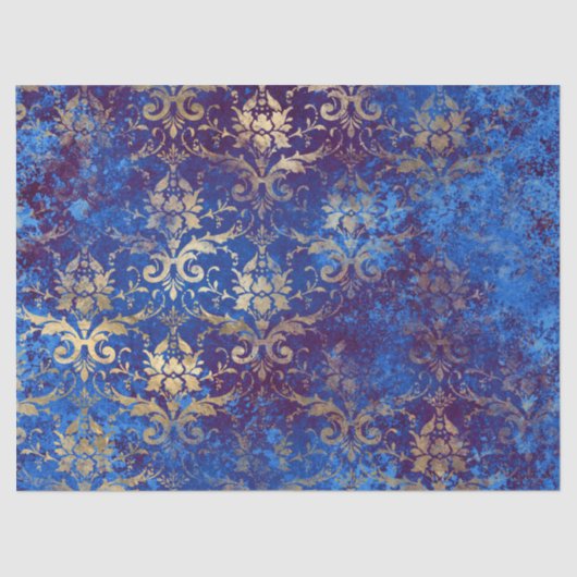 Gold Scroll Work Flowers op Blue Decoupage Tissuepapier (Voorkant)